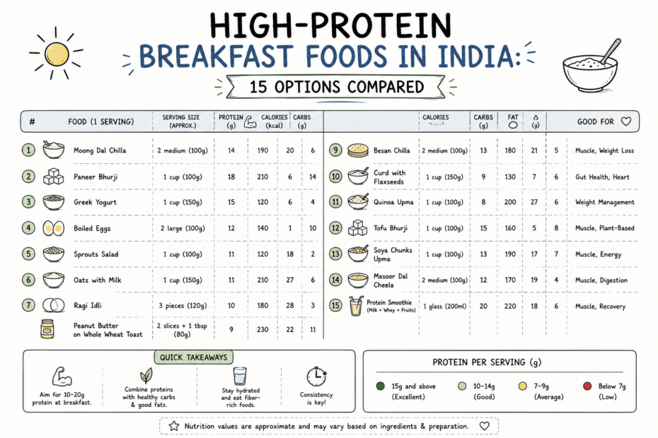 Illustration of high-protein Indian breakfast foods for a nutrition comparison.