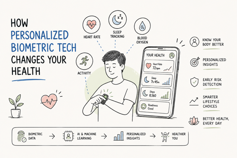 Illustration of wearable biometric technology used to track personal health data.