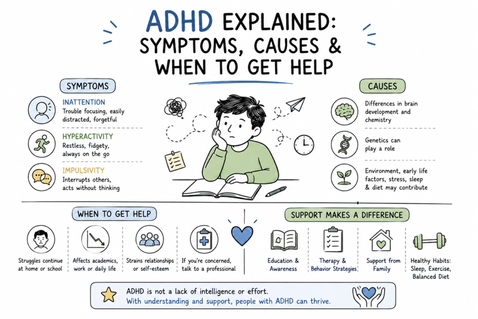 Illustration representing ADHD symptoms, attention challenges and professional support.