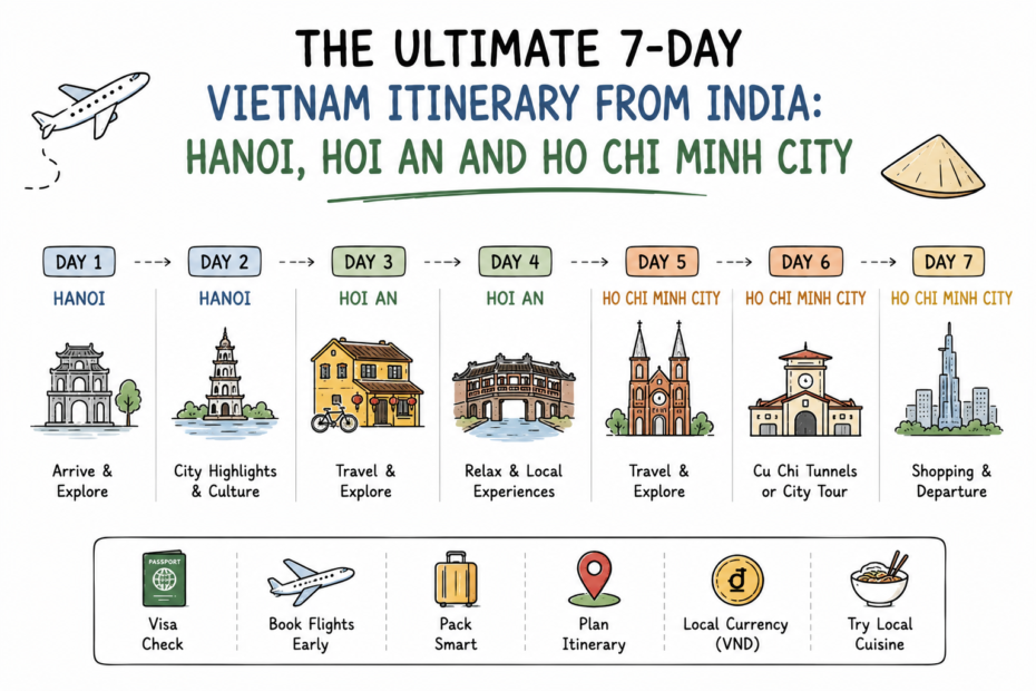 Illustration of a seven-day Vietnam itinerary from India covering Hanoi, Hoi An and Ho Chi Minh City.