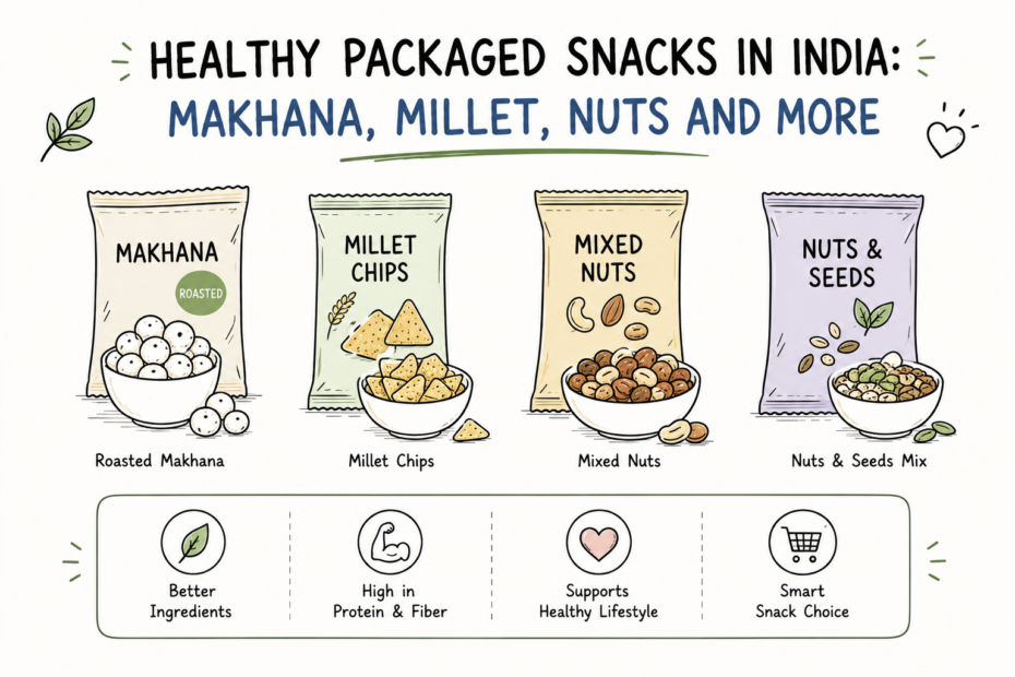 Illustration of healthy packaged snacks in India including makhana, nuts and millet snacks.
