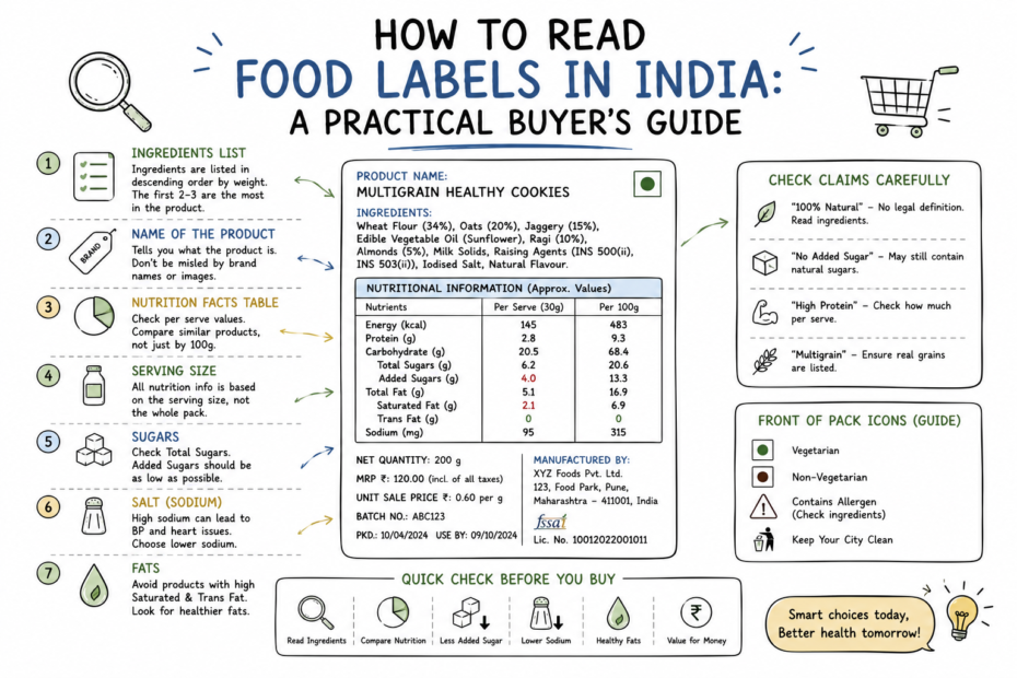 Illustration showing packaged food labels and nutrition facts for Indian shoppers.