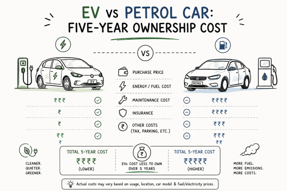 Illustration comparing electric and petrol car ownership costs in India over five years.
