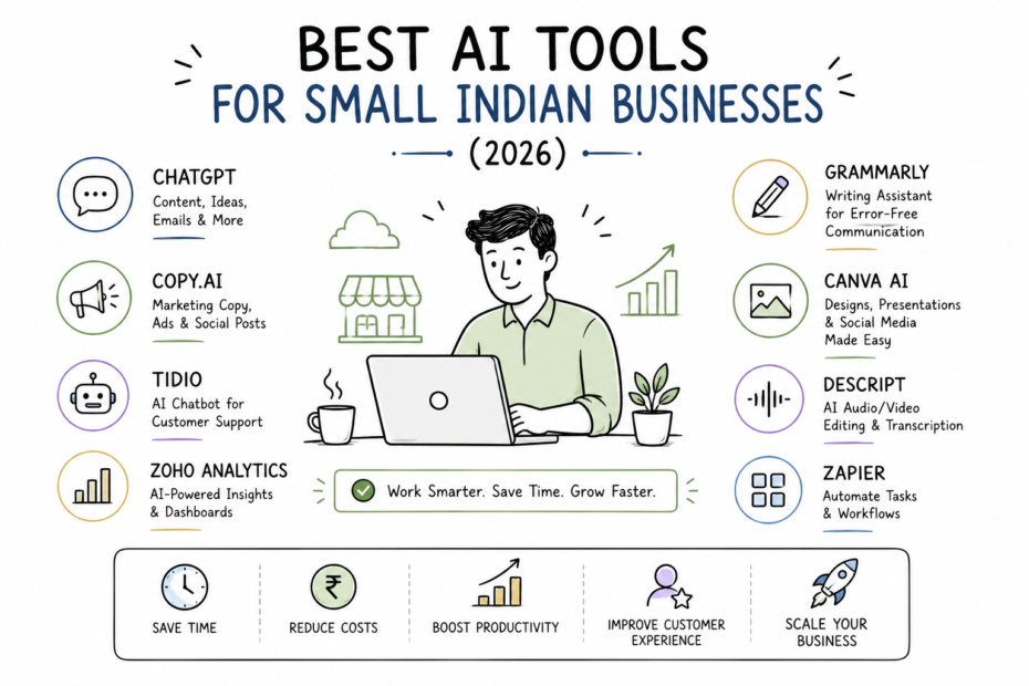 Illustration of AI tools used by small Indian businesses for productivity and customer support.