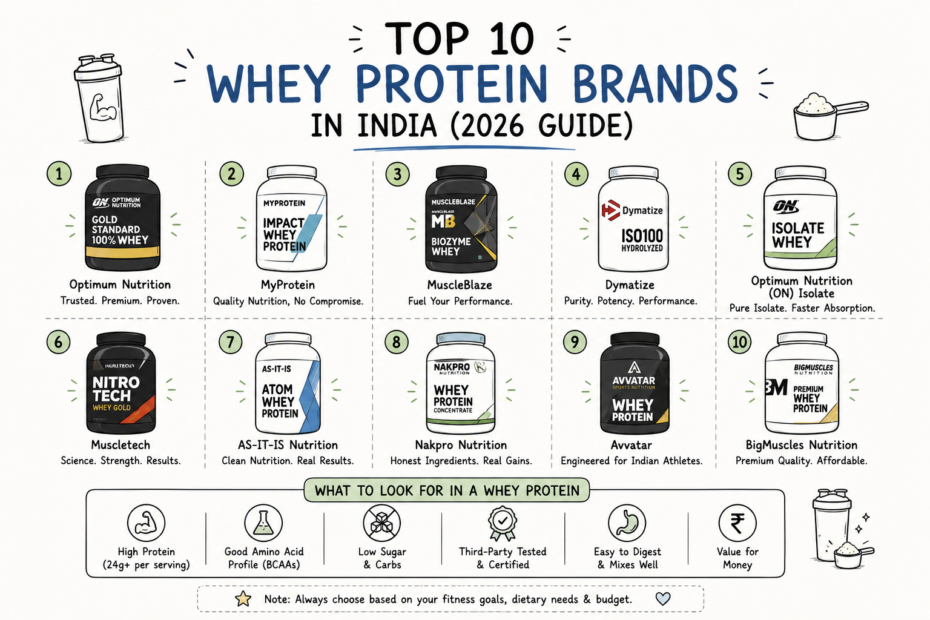 Illustration comparing whey protein brands available in India in 2026.