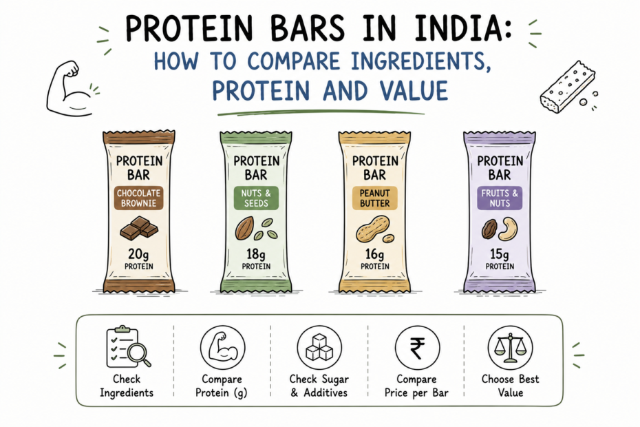 Illustration comparing protein bars by ingredients, protein content and value in India.