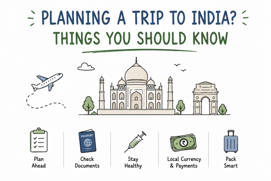 Illustration of India travel planning with landmarks, transport and trip essentials.