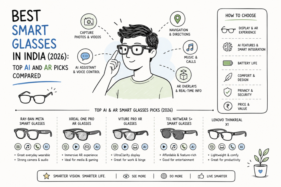Illustration of smart glasses with AI and AR features for Indian buyers in 2026.