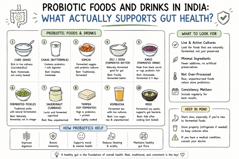Illustration of probiotic foods and drinks used in a gut-health guide for India.