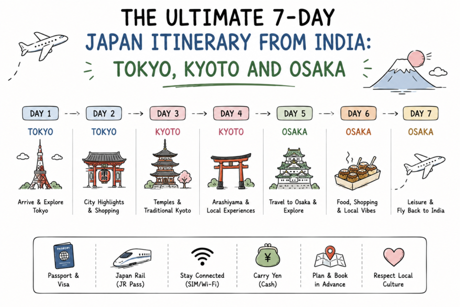 Illustration of a seven-day Japan itinerary from India covering Tokyo, Kyoto and Osaka.