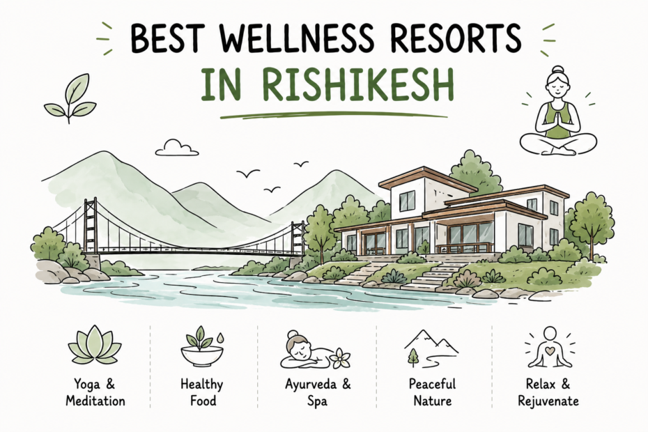 Illustration of a wellness retreat in Rishikesh focused on yoga, Ayurveda and relaxation.