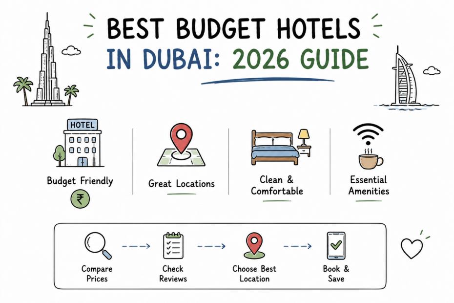 Illustration of budget hotel options in Dubai near major attractions and transport.