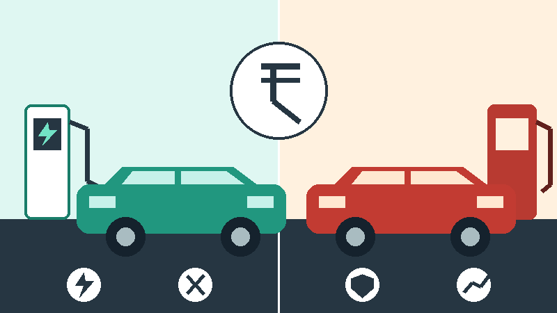 Illustration comparing an electric car charging at home with a petrol car at a fuel station for a five-year ownership-cost analysis.