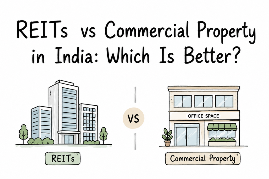 Illustration comparing listed REITs with direct commercial property investment in India.