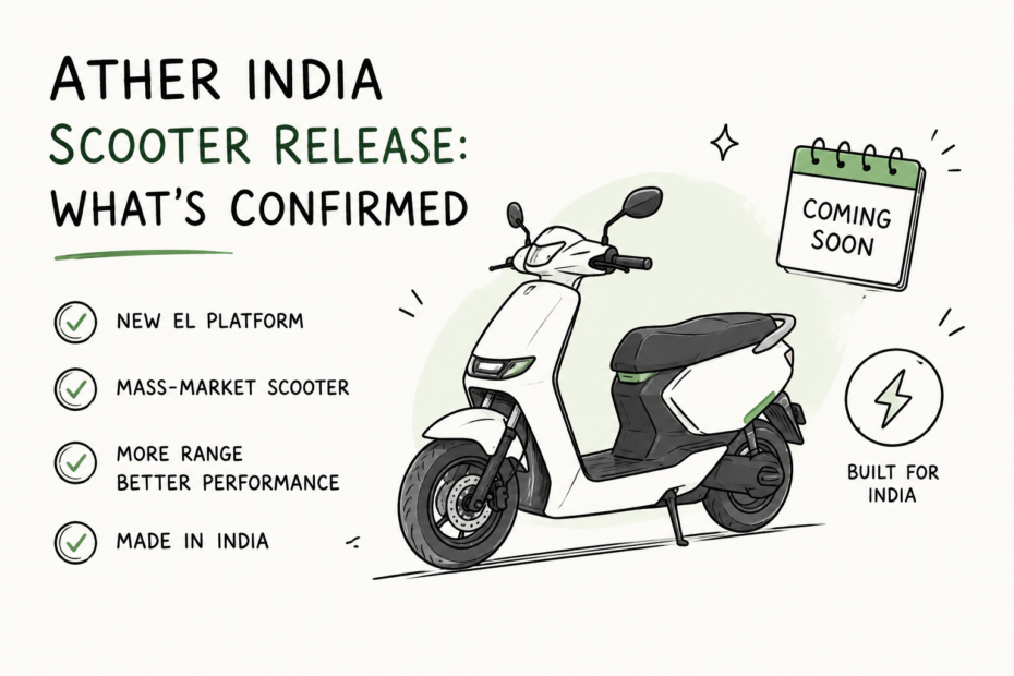Illustration representing the Ather electric scooter release and India launch updates.