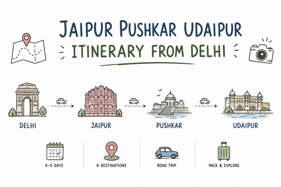 Illustration of a five-day Delhi, Jaipur, Pushkar and Udaipur travel route.