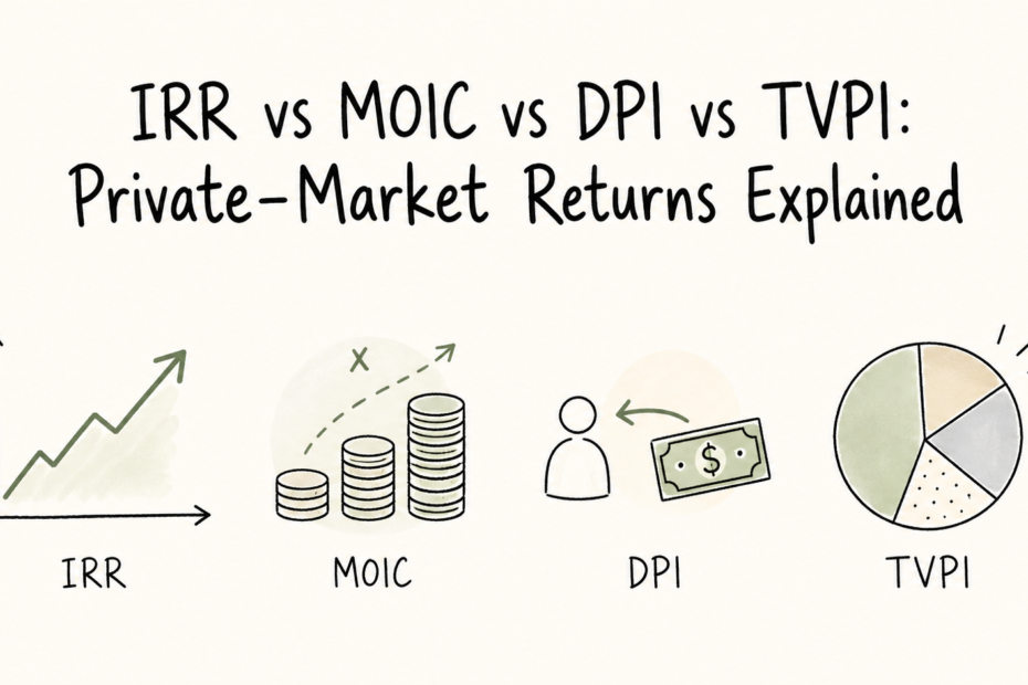 Illustration comparing IRR, MOIC, DPI and TVPI private-market return metrics.