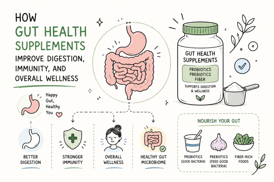 Illustration of gut health supplements including probiotics, prebiotics, fibre and digestive enzymes.