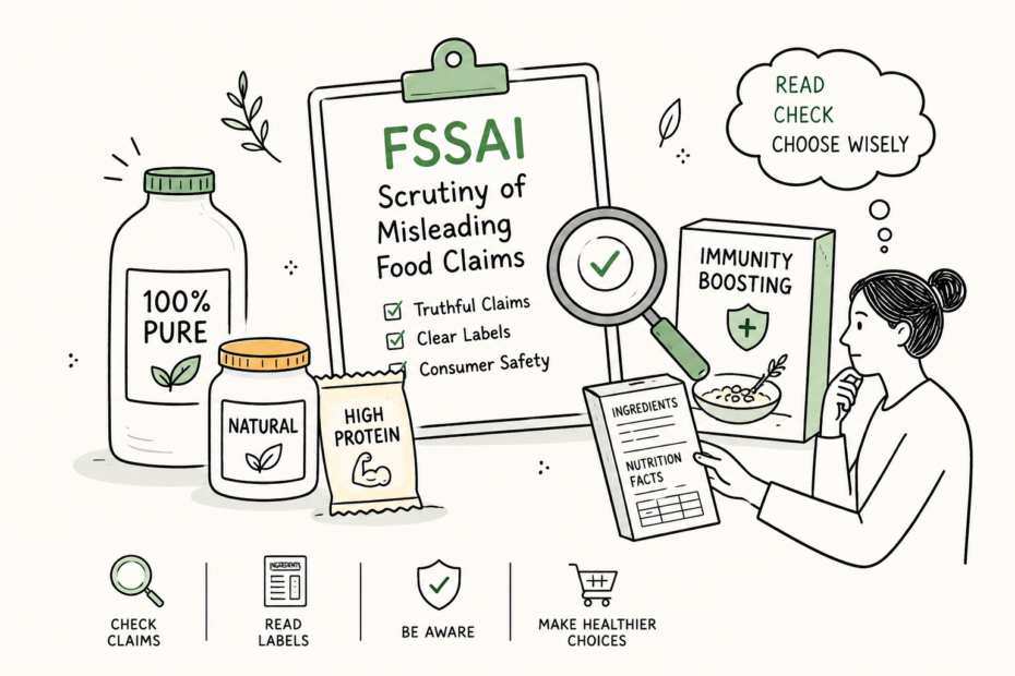 Illustration of packaged food labels under FSSAI scrutiny for misleading claims in India.