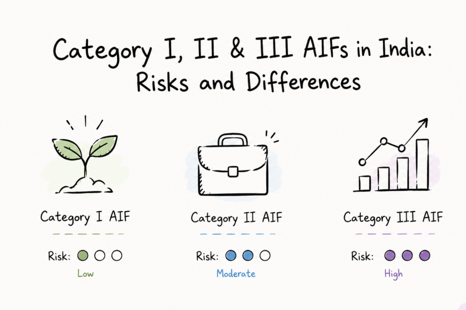 Illustration comparing Category I, II and III alternative investment funds in India.