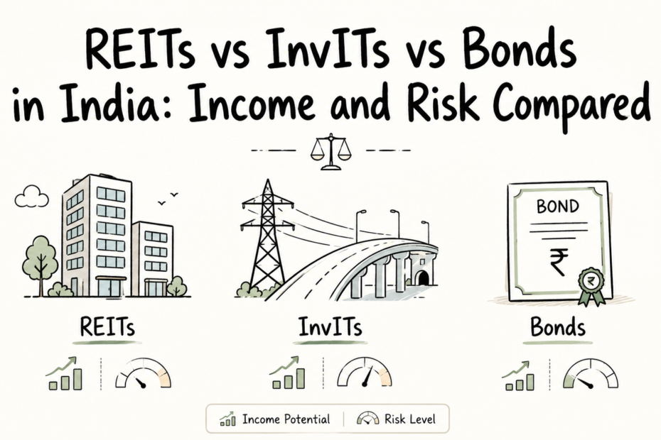 Illustration comparing REITs, InvITs and bonds for income and risk in India.