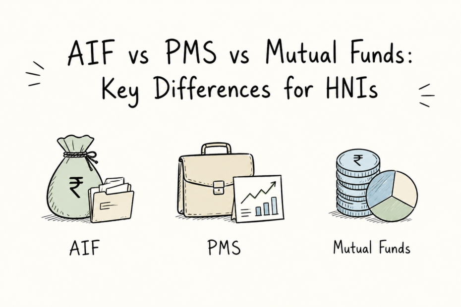 Illustration comparing AIFs, PMS and mutual funds for high-net-worth investors in India.