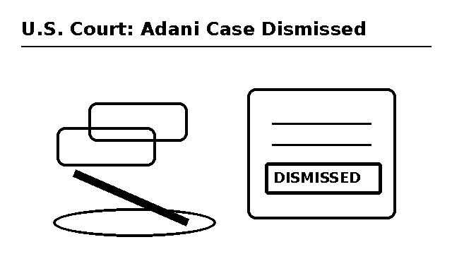 Minimalist black-line doodle of a gavel and case document marked dismissed