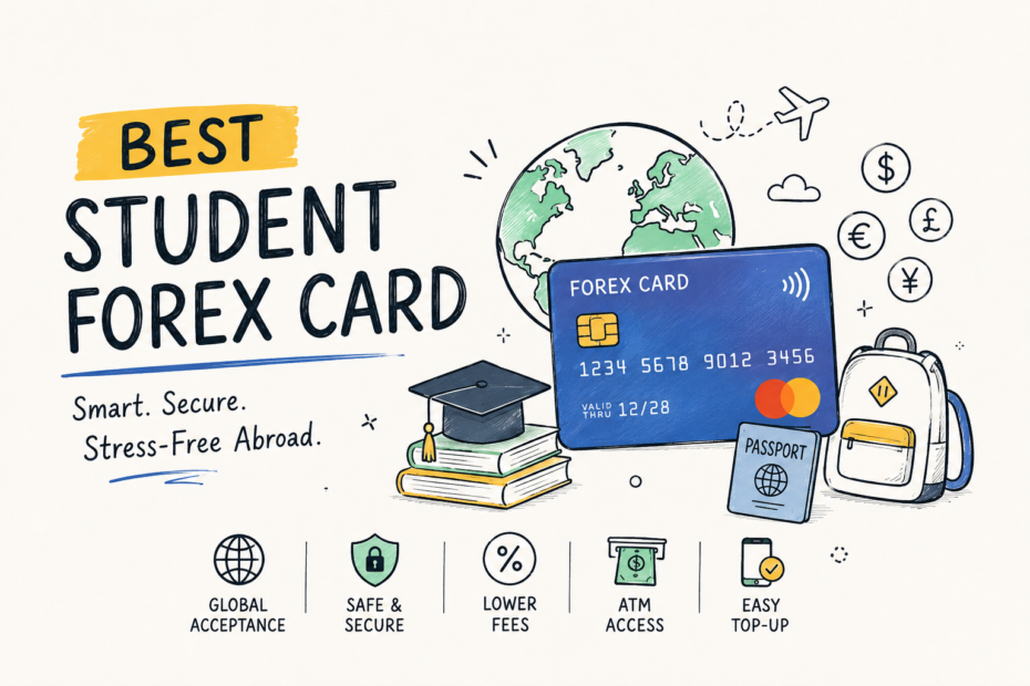 Minimalist illustration of a student forex card with globe, passport, backpack, graduation cap and foreign currency symbols for studying abroad