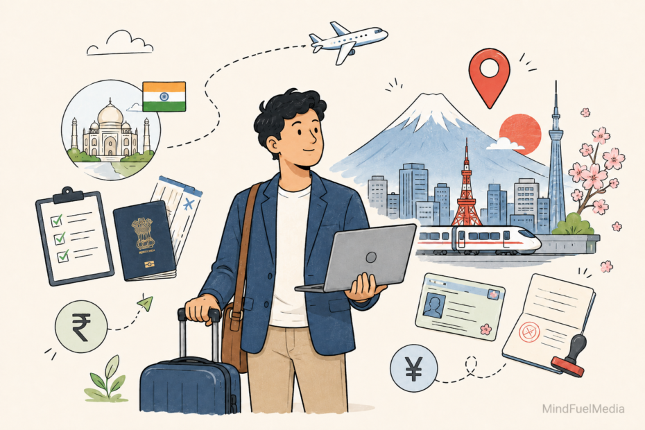 Minimalist doodle showing an Indian professional moving to Japan for work, with luggage, laptop, passport, Mount Fuji, Tokyo skyline and yen symbol