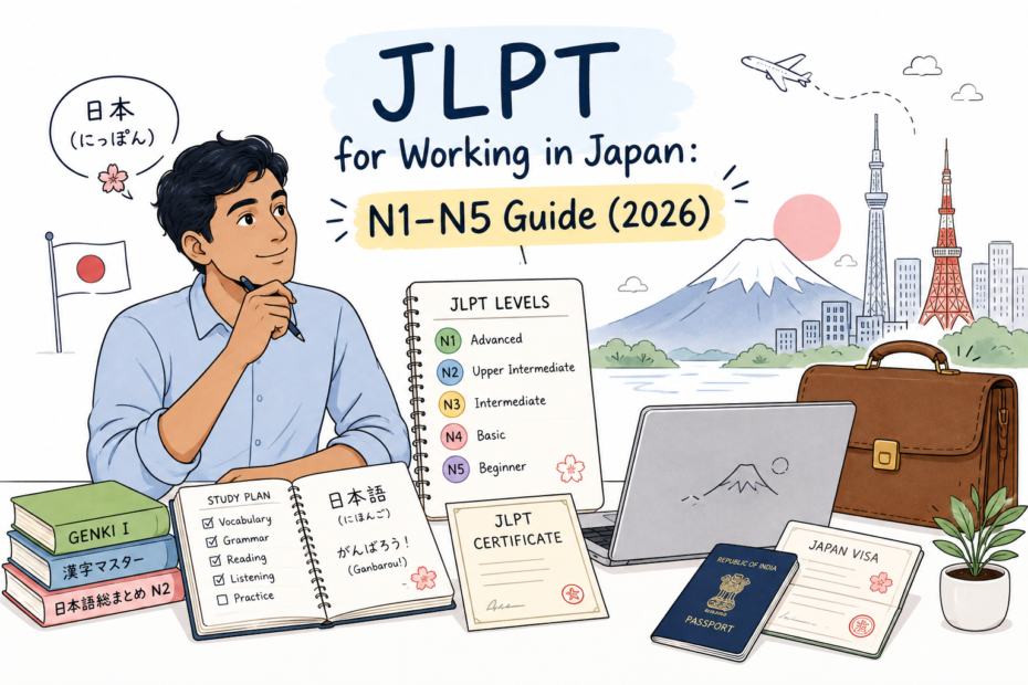 Minimalist doodle showing an Indian professional studying for the JLPT N1–N5 exam for working in Japan, with Japanese language books, passport, laptop and Tokyo landmarks