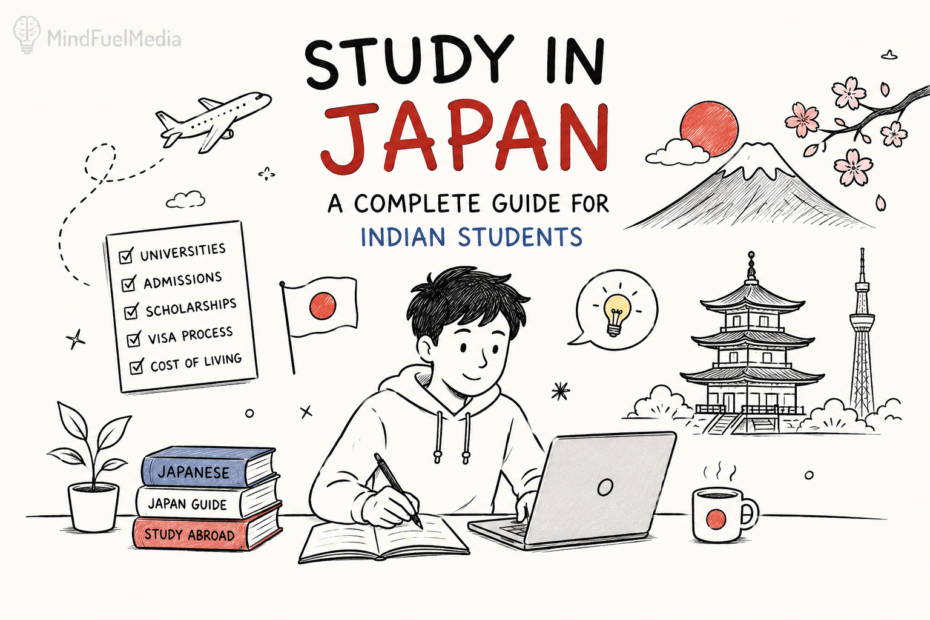 Minimalist doodle guide for Indian students studying in Japan, with a student, Mount Fuji, university, books, visa checklist and Japanese landmarks