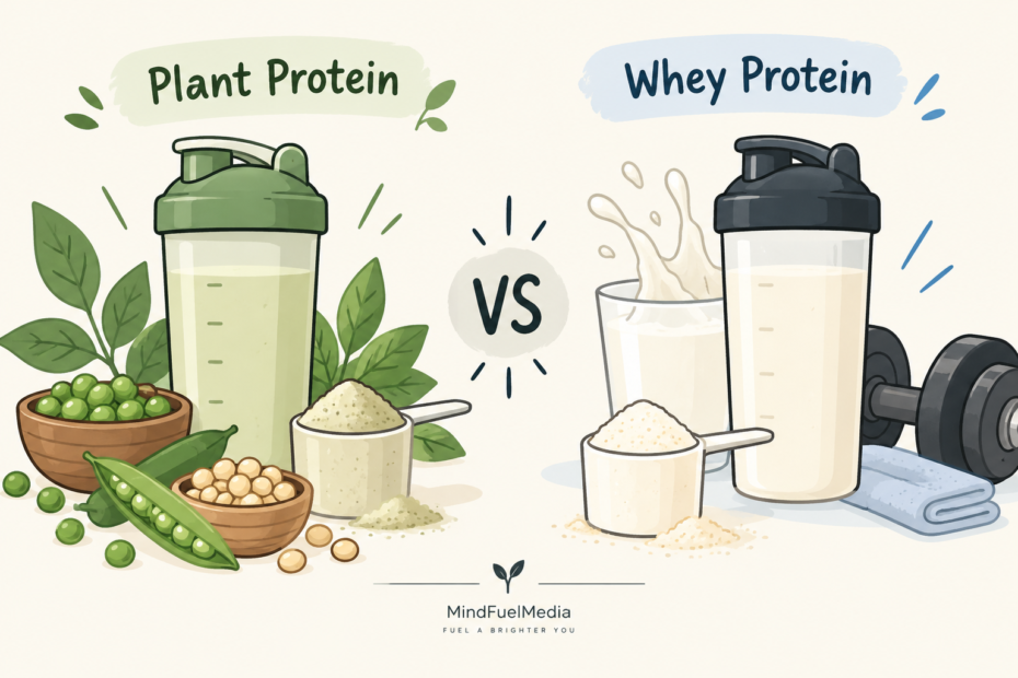 Minimalist doodle comparing plant protein and whey protein with shaker bottles, plant ingredients, whey powder and gym weights